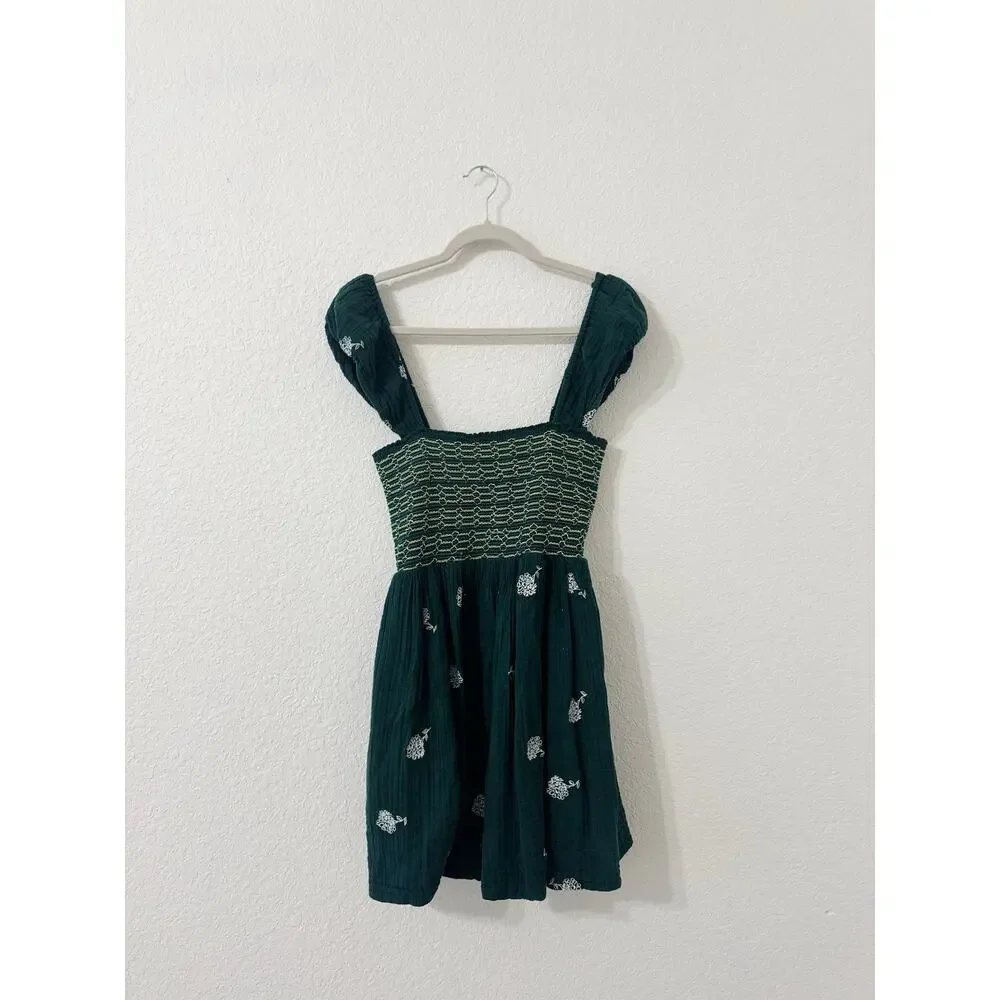 Free People Tory Embroidered Smocked Mini Dress Green Floral Size Small